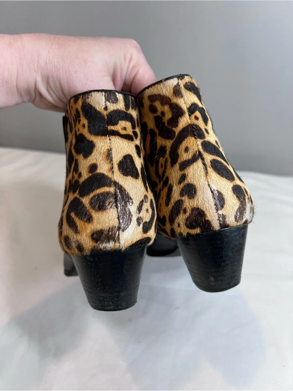 Franco Sarto Quasar black leather ankle boots leopard print calf hair heel 10